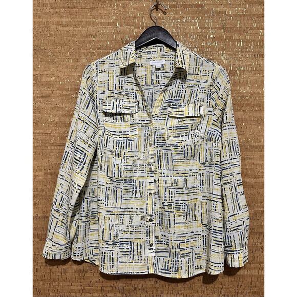 Charter Club Women Top Small Yellow Blue Print 100% Polyester - Picture 1 of 8